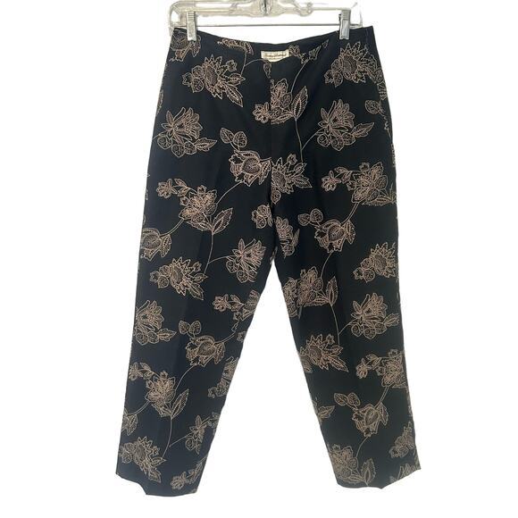 Tommy Bahama Womens‎ Black 100% Silk Floral Embroidered Ankle Pant Side Zip Sz 6 - Picture 1 of 9